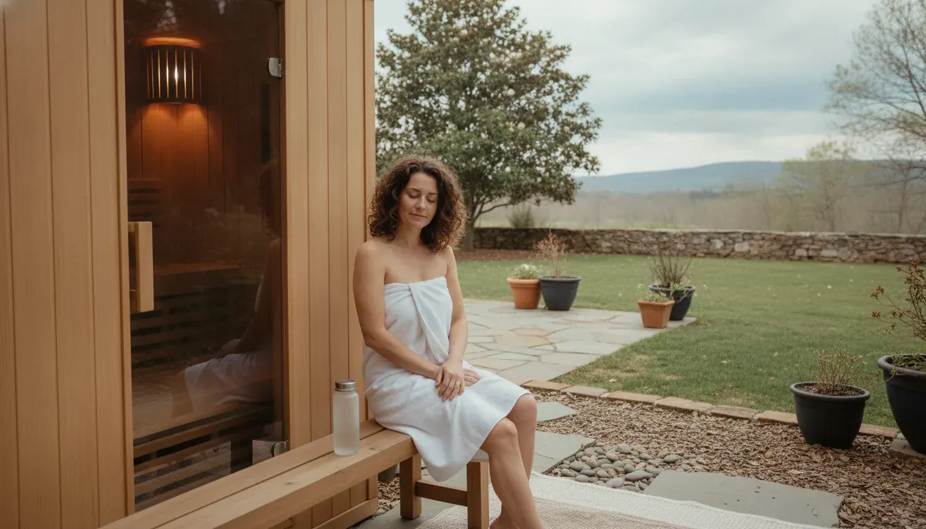 Homeowner relaxing beside an outdoor sauna after a wellness session