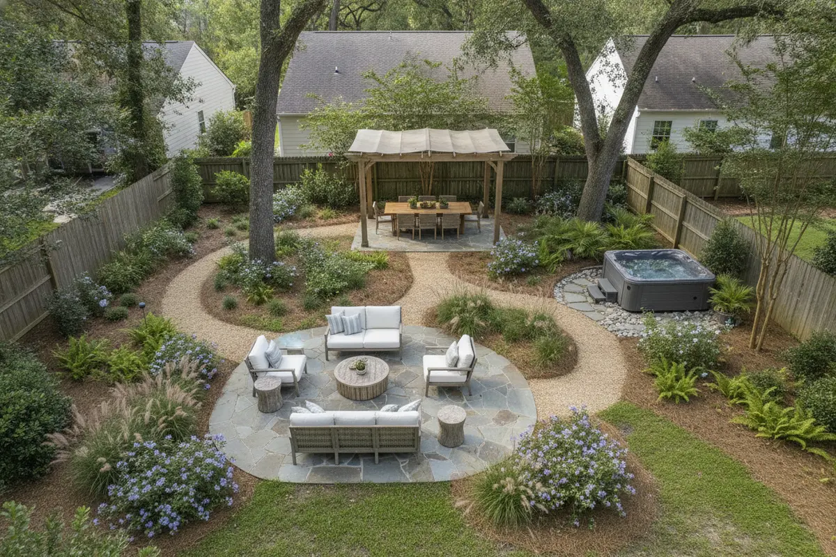 Simple backyard plan with connected patio, dining, and spa zones