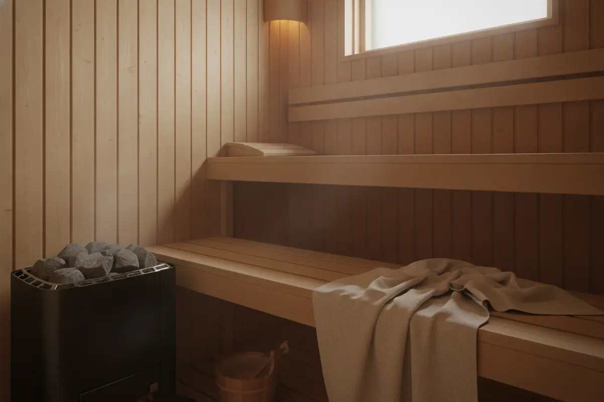 Traditional sauna heater and wood benches in a calm home setting
