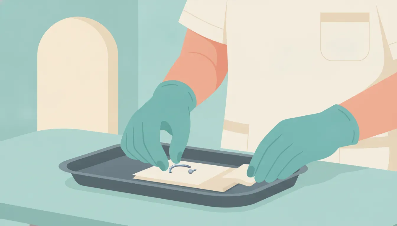 Flat vector illustration of a piercer preparing curved titanium jewelry on a clean tray