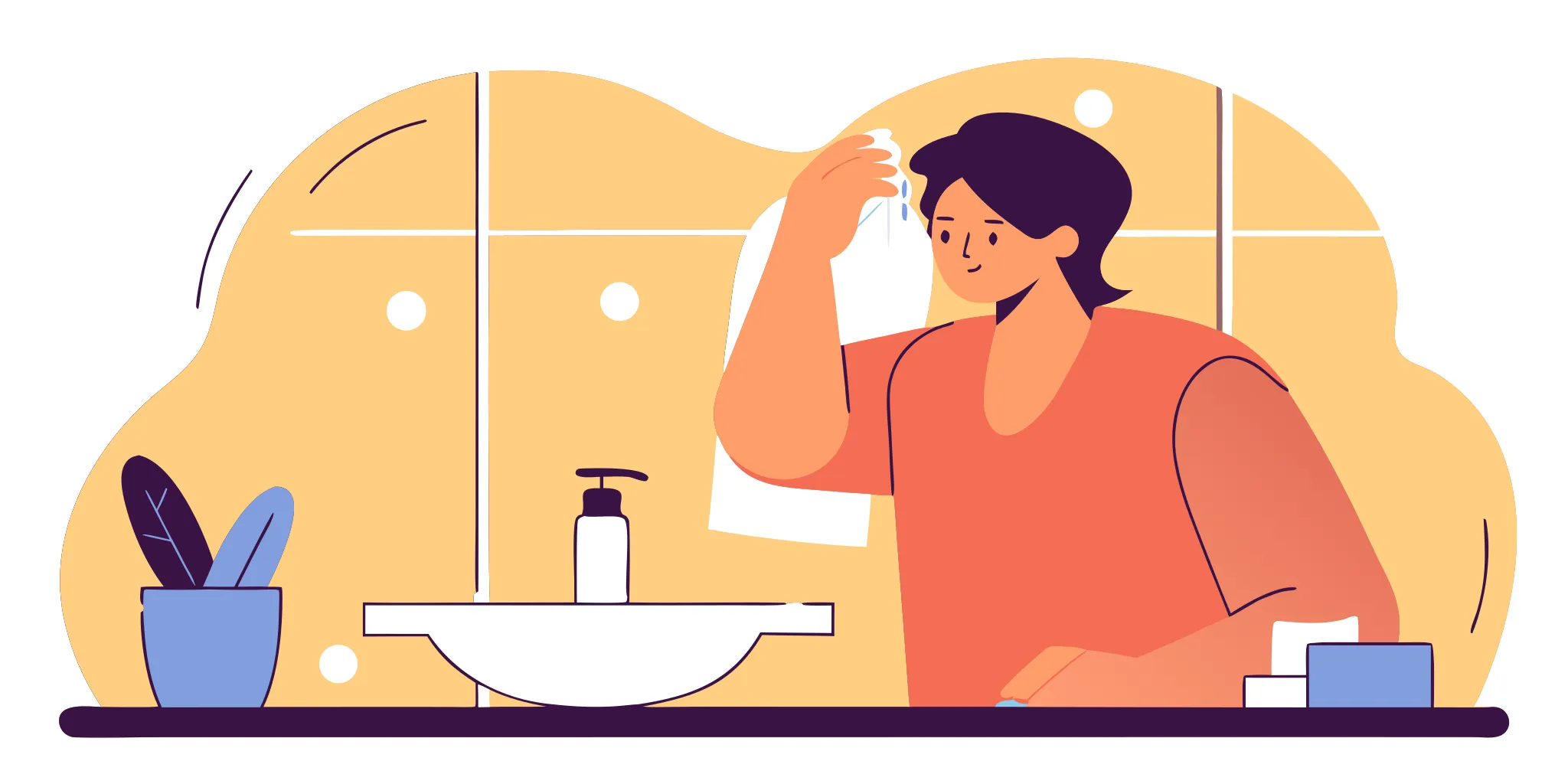 Flat vector illustration of a person holding a sterile saline spray bottle near a fresh ear piercing in a clean bathroom, soft blue and teal color palette
