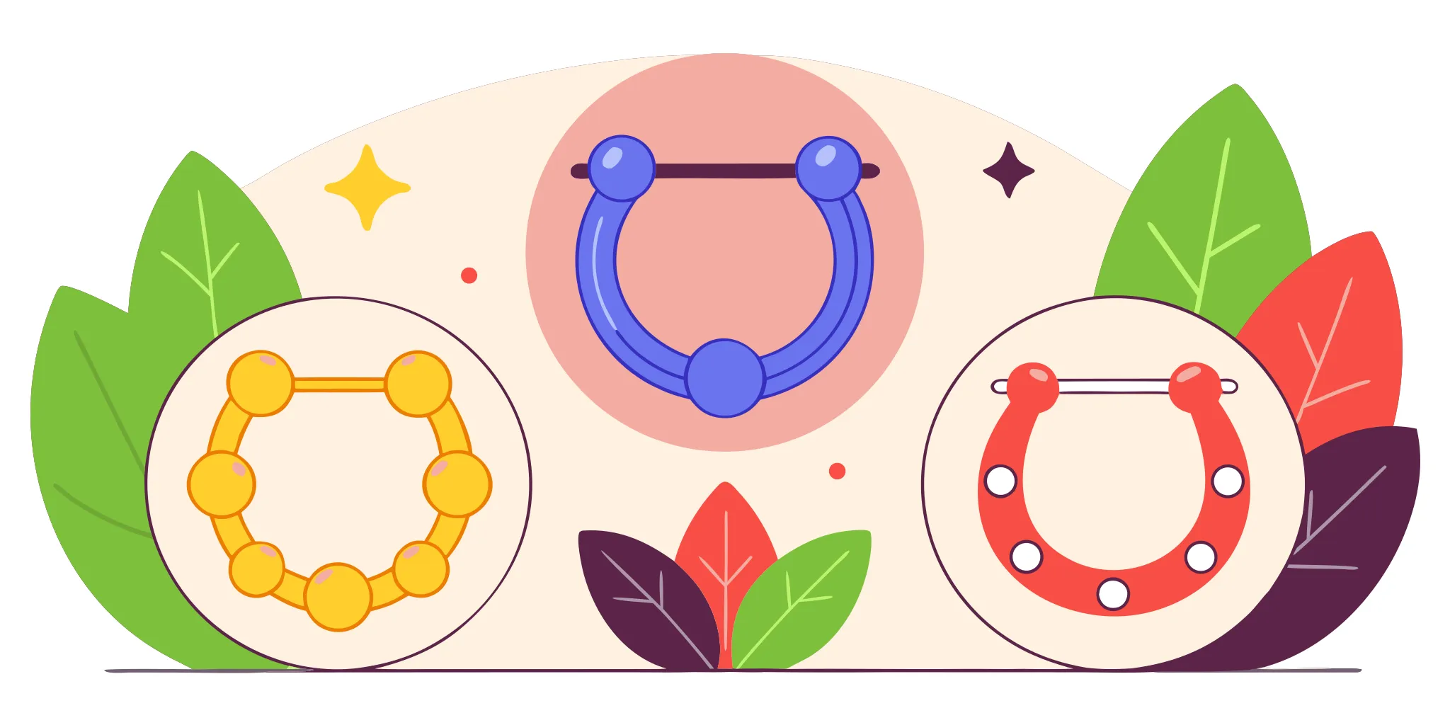 Flat vector illustration showing three daith piercing jewelry styles: curved barbell, captive bead ring, and clicker hoop