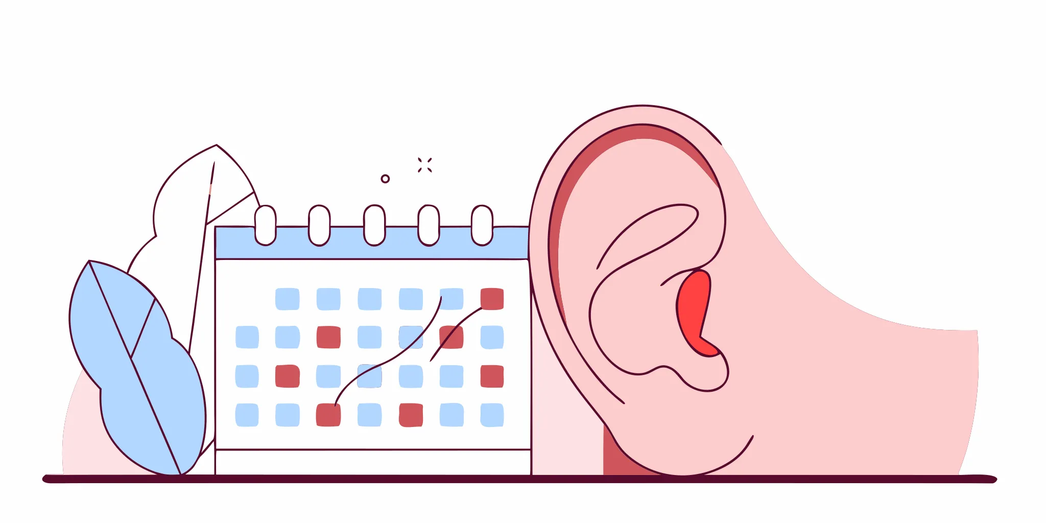 Flat vector illustration of a side-profile ear with a helix piercing showing healing stages month by month with a calendar visual