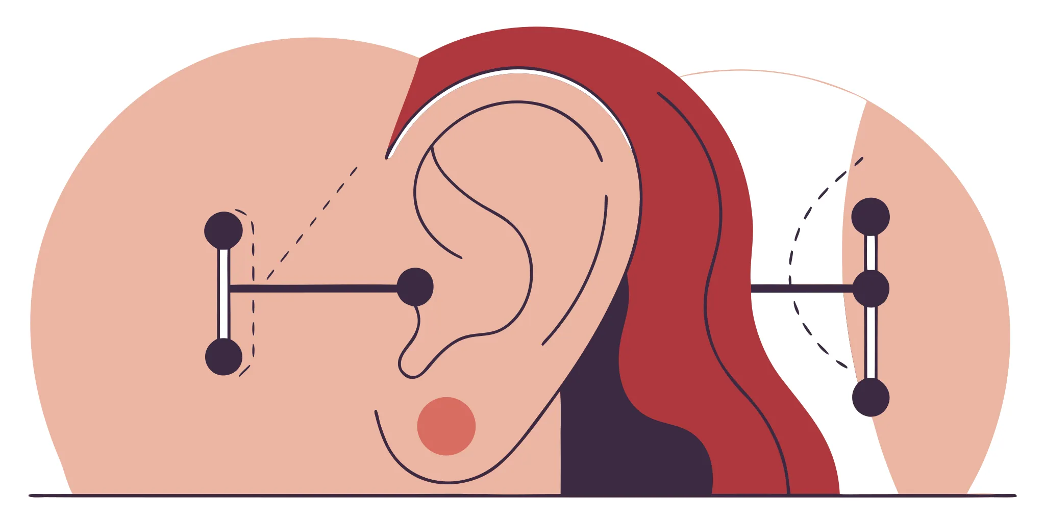 Flat vector illustration showing industrial piercing placement across the helix and forward helix of the upper ear