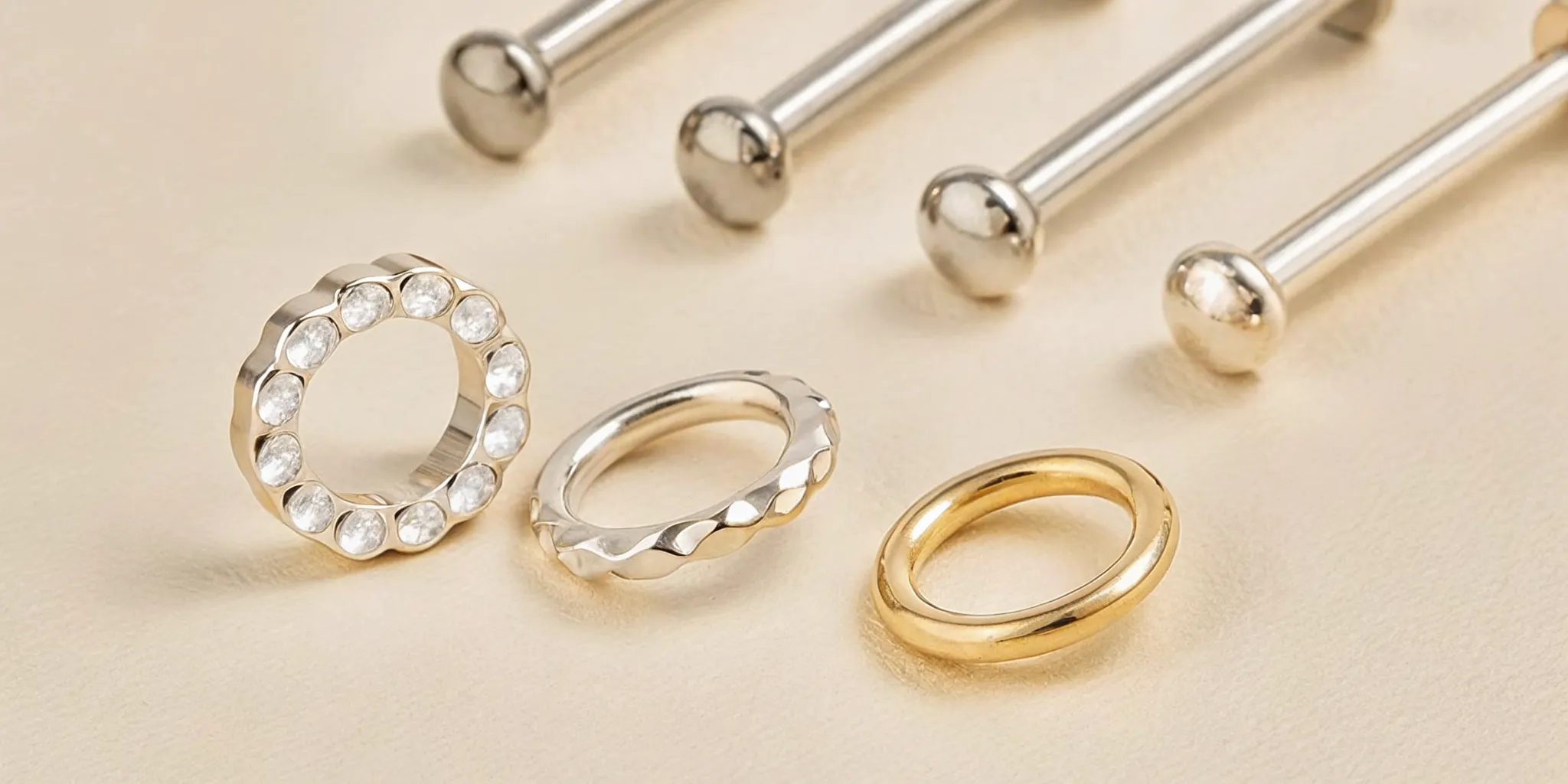 Titanium and gold body piercing jewelry in several shapes