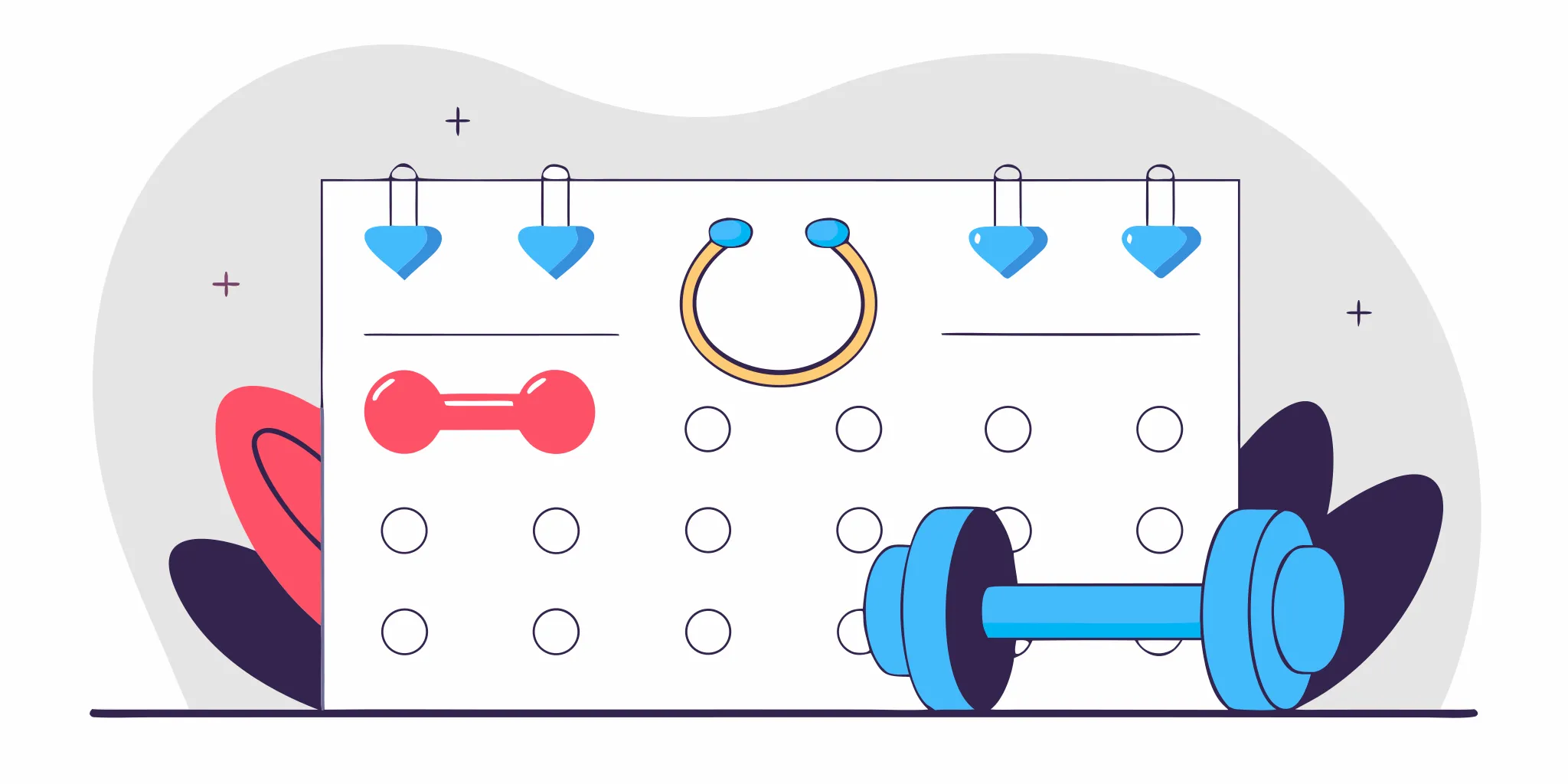 Flat vector illustration showing a titanium stud, small gold hoop, and curved barbell arranged on a clean surface, soft pastel tones