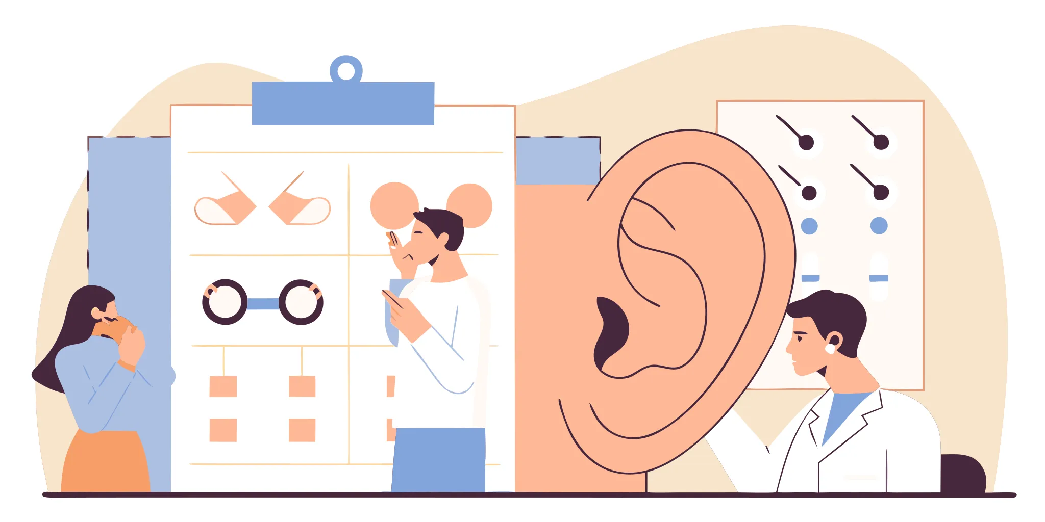 Flat vector illustration of titanium and gold ear piercing jewelry next to a healthy healed ear piercing, educational studio style
