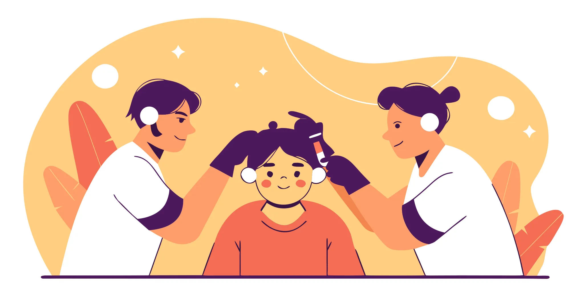 Two piercers using the tandem technique to pierce a child's ears simultaneously at a professional studio