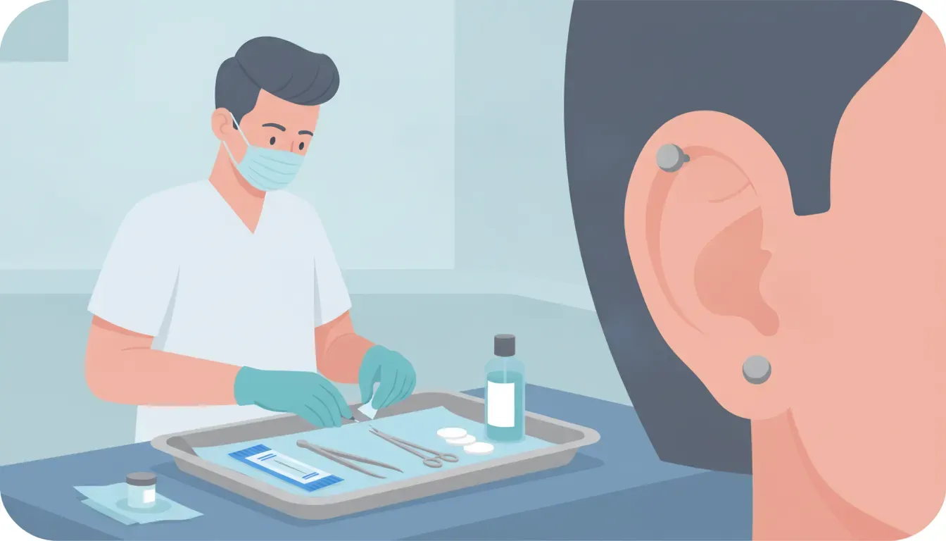 Flat vector illustration of sterile piercing preparation and an implant-grade titanium ear labret