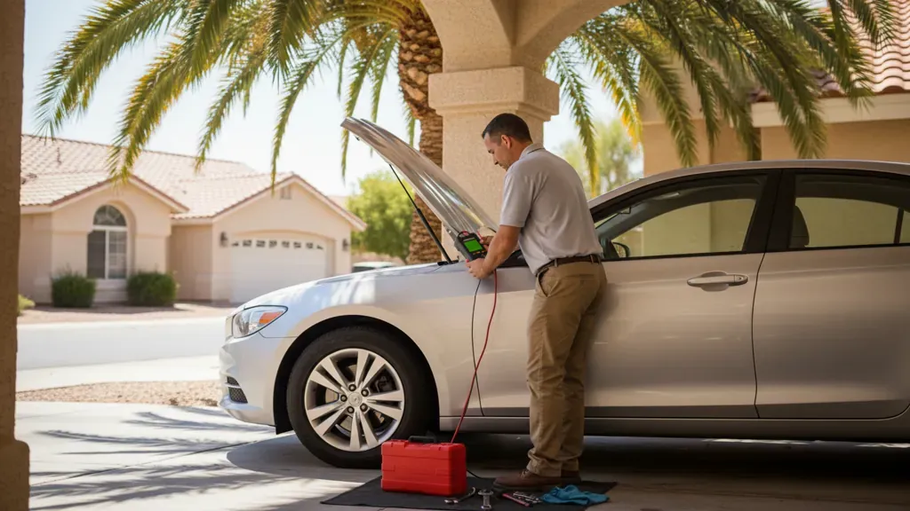 Technician performing a mobile car battery check in Las Vegas summer conditions