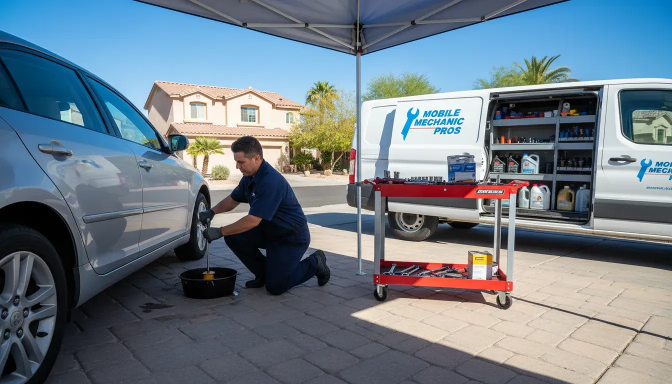 Mobile Car Care technician performing a professional oil change at a Las Vegas residential driveway