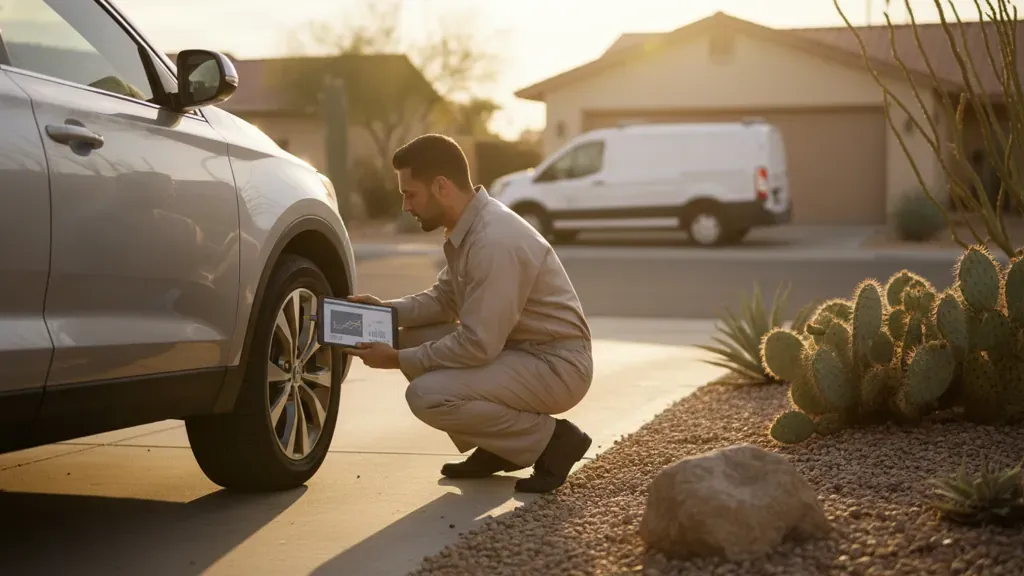 Mobile technician completing a quarterly vehicle inspection on a family SUV in Las Vegas