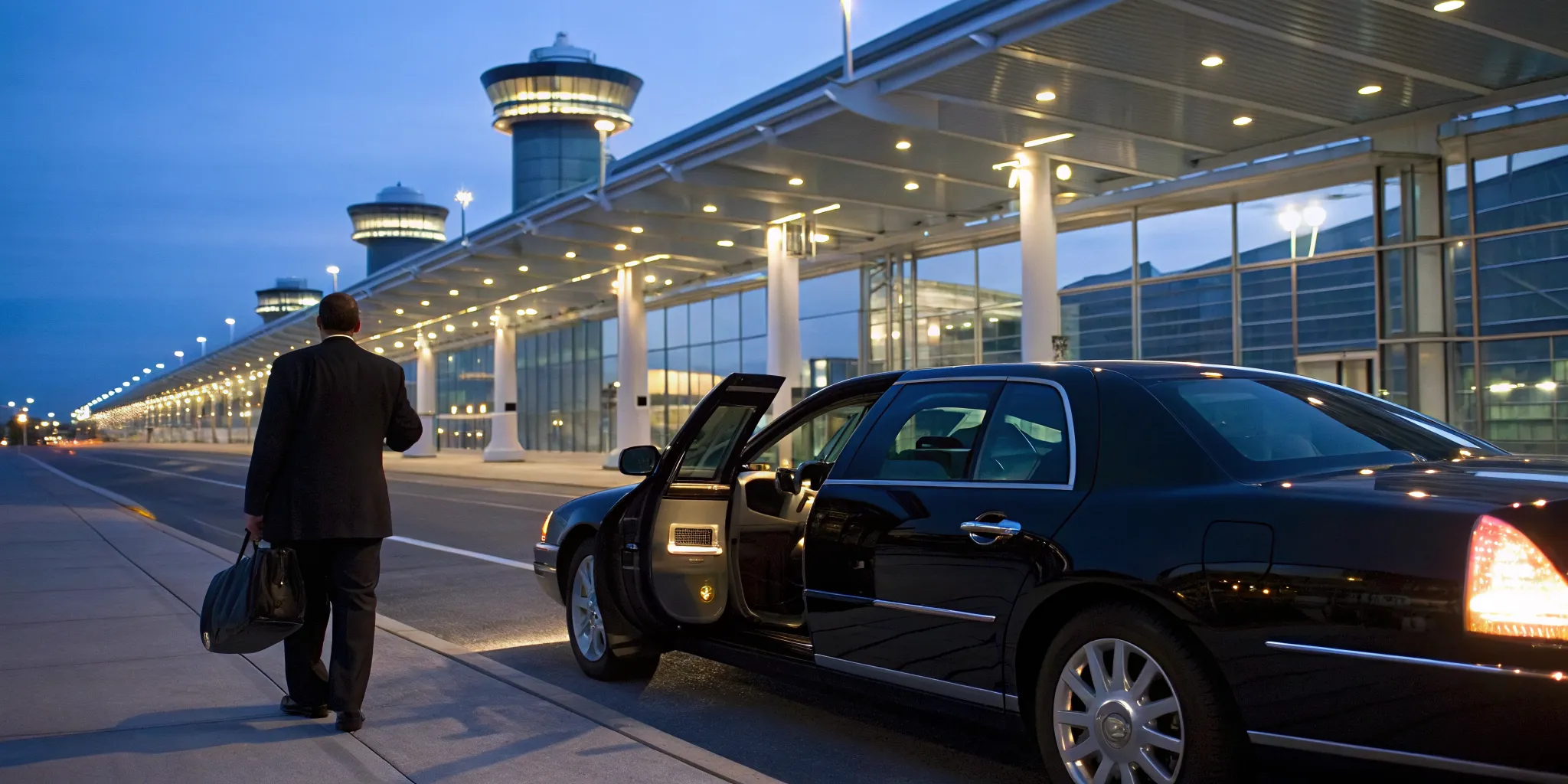 Traveler arriving at Philadelphia airport in a professional, 24/7 black sedan.