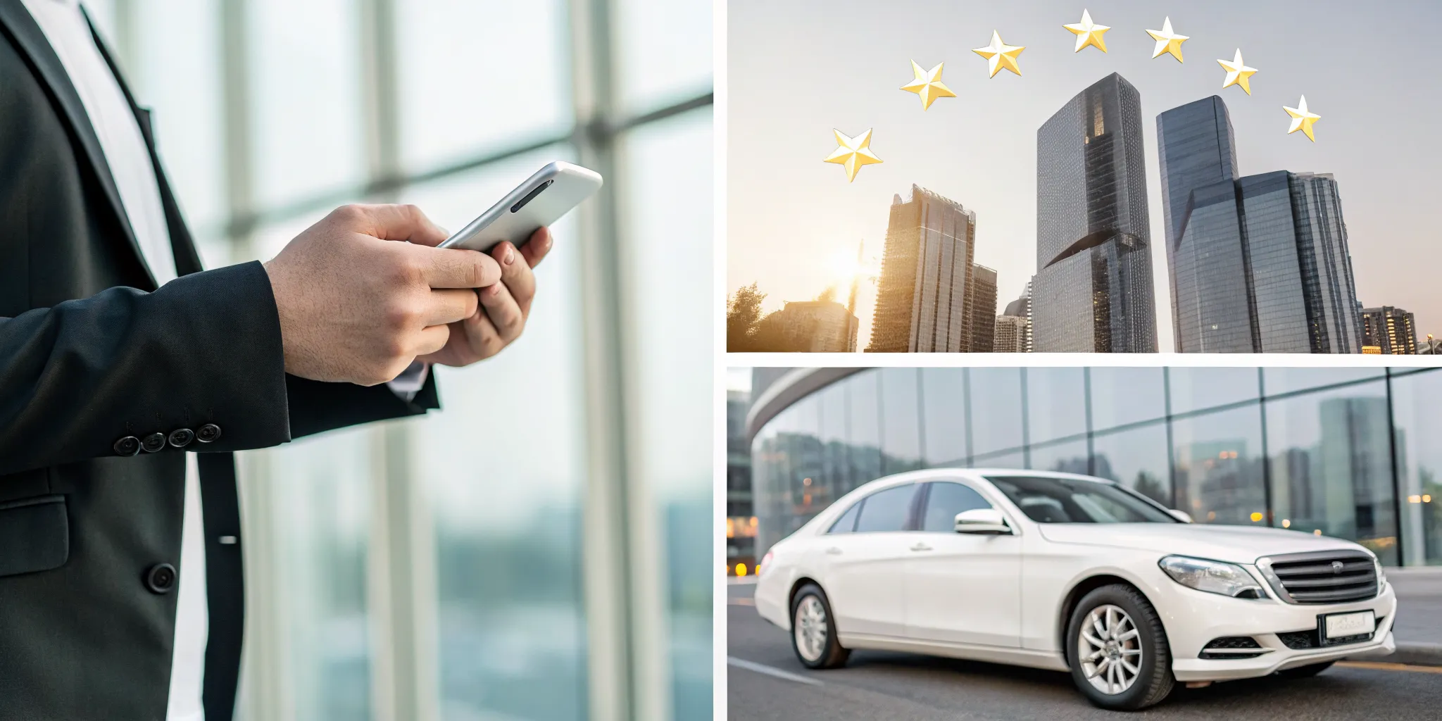An executive stands by a luxury sedan, representing the best chauffeur service for professionals.