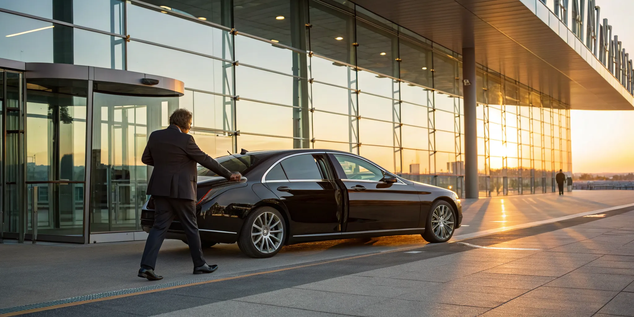 A businessman entering a black airport sedan for professional travel in Princeton.