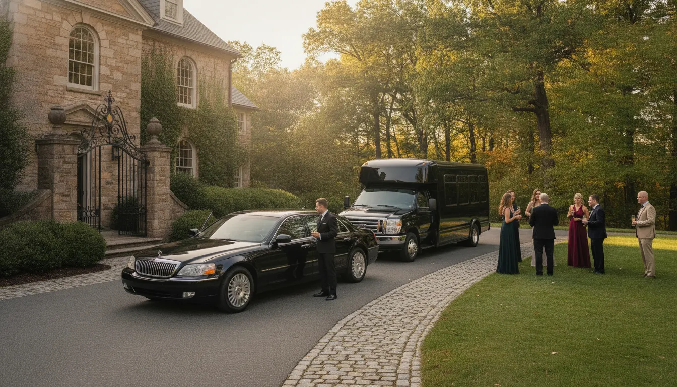 Professional black car arriving at a Philadelphia-area wedding venue