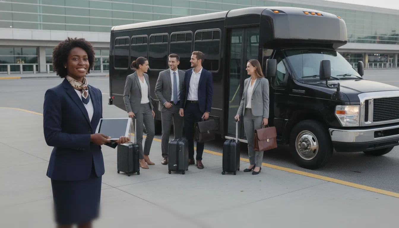 Airport group transportation coordinator welcoming business travelers in Philadelphia