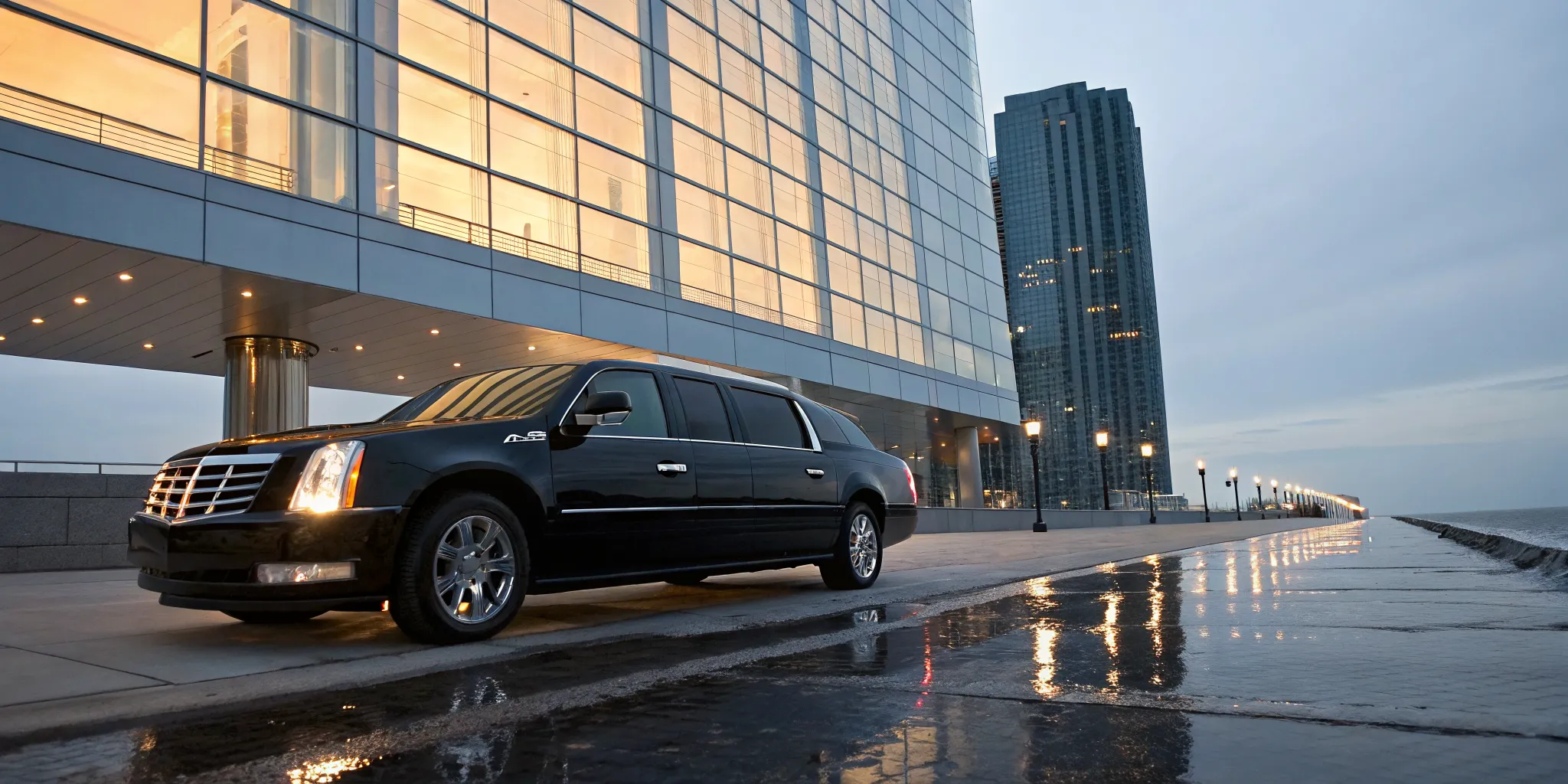 A sleek corporate limo for professional travel in Atlantic City at dusk.