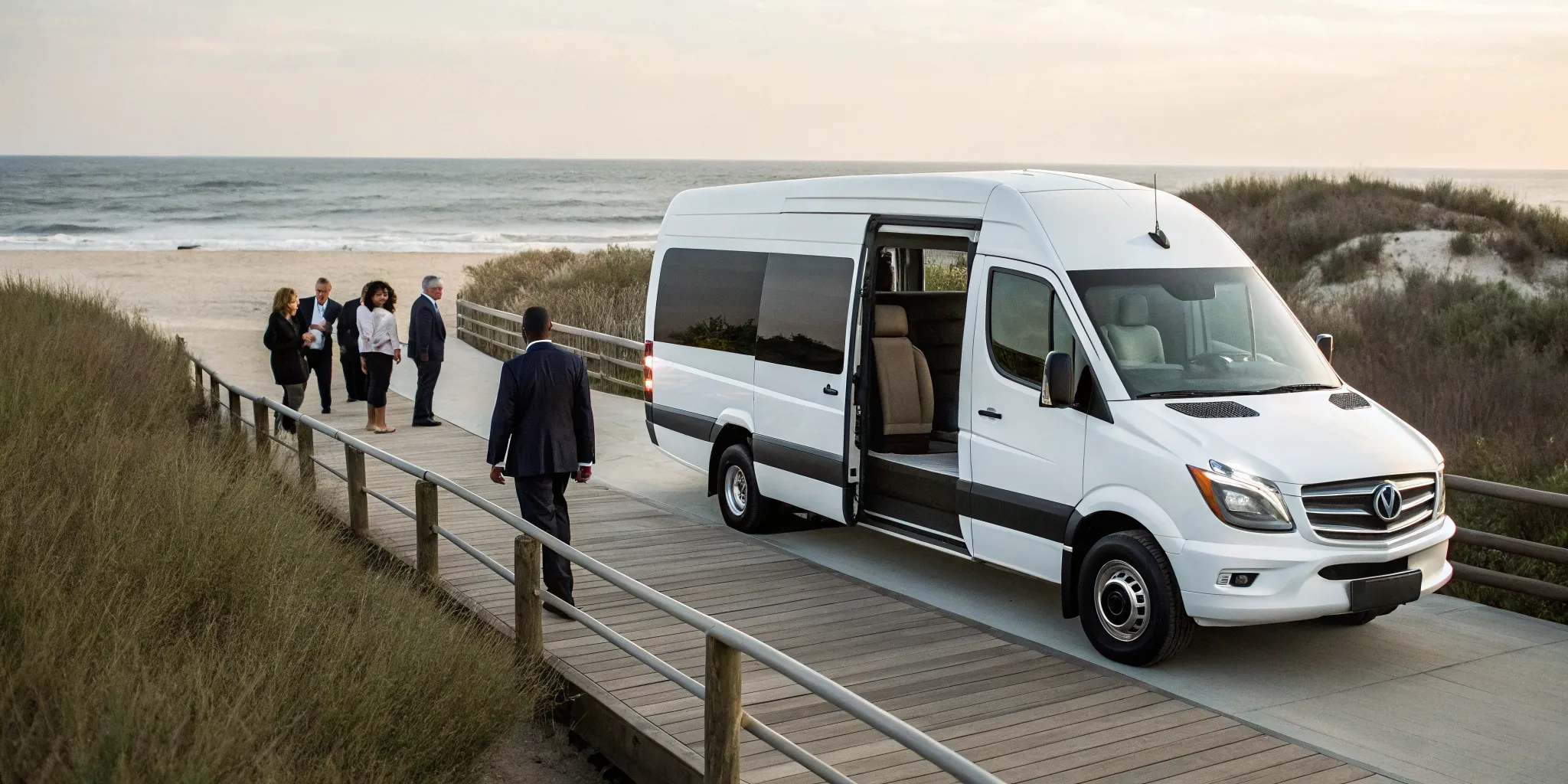 A group shuttle van with passengers on the Atlantic City boardwalk near the beach.