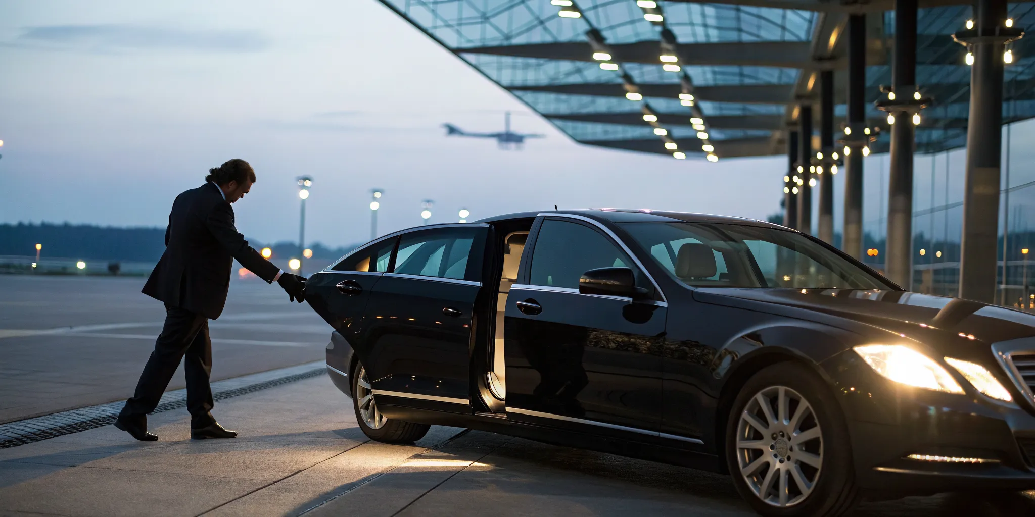 A professional chauffeur opens the door to a Bayonne airport limo at the terminal.