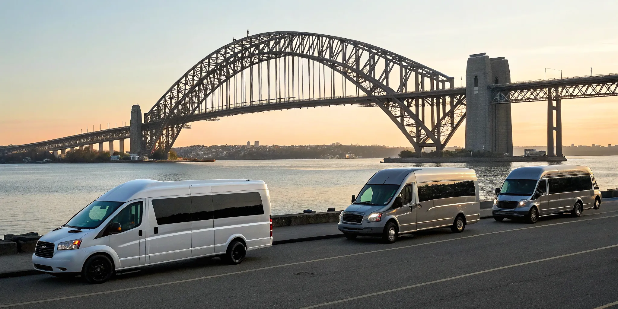 A Bayonne charter bus rental and sprinter van parked by the water in front of a bridge.