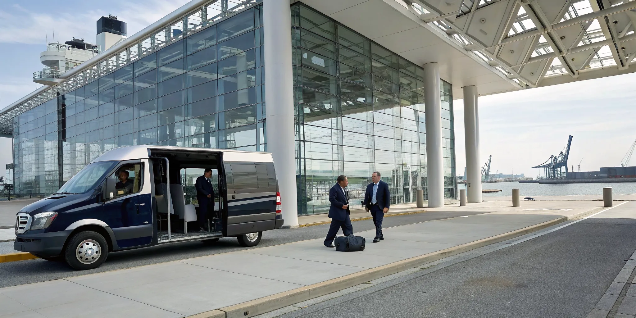 A Bayonne shuttle service van with cruise passengers and luggage at the Cape Liberty terminal.