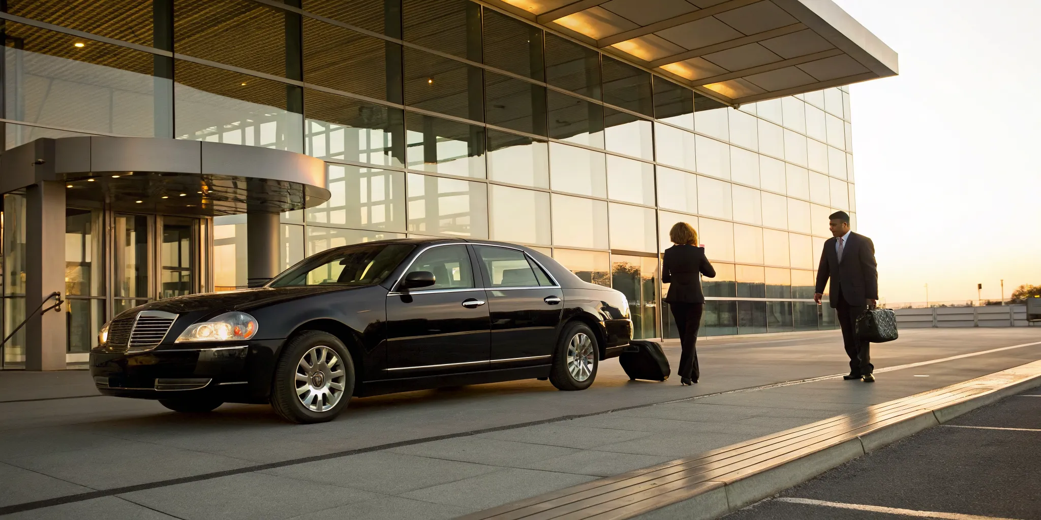 A professional black car and chauffeur with business travelers and their luggage in Newark, DE.