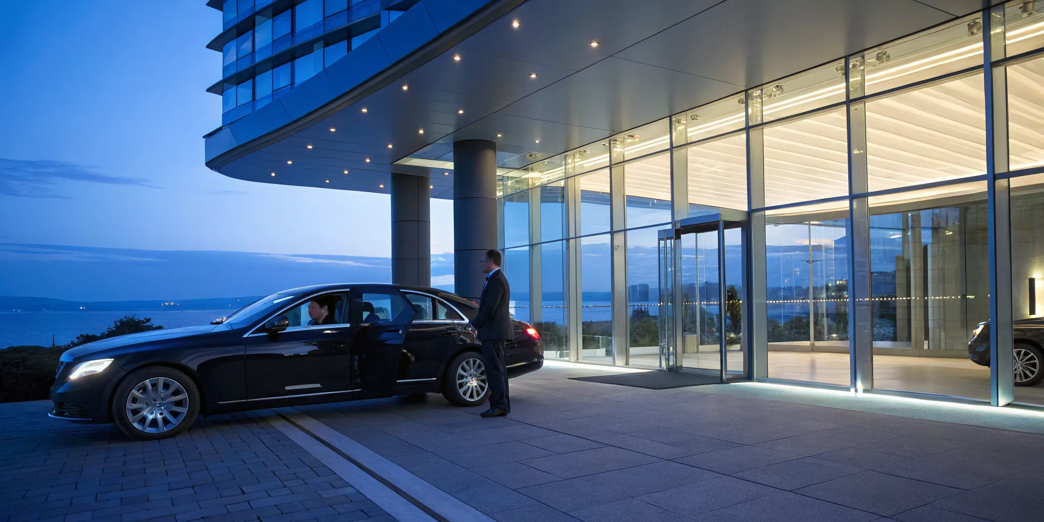 Professional chauffeur with a luxury black car service at an upscale Atlantic City hotel.