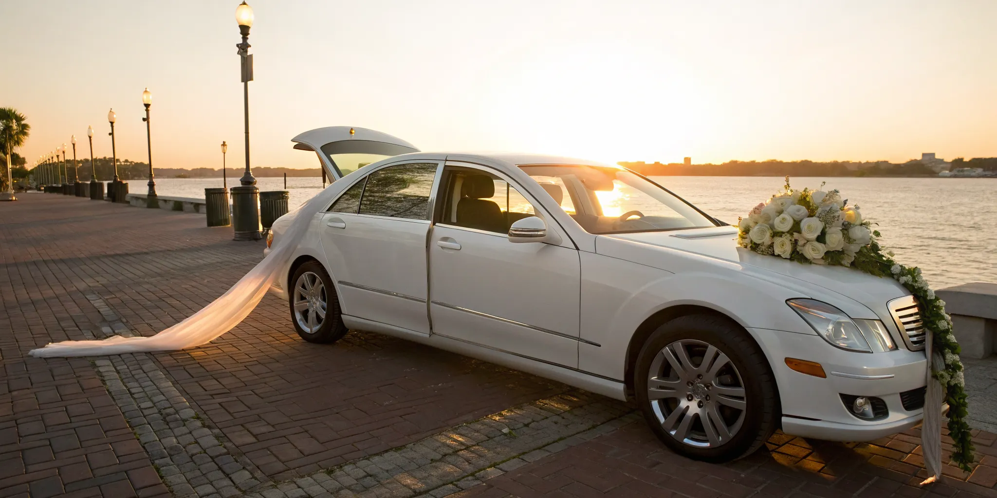 A classic white wedding car for bridal transport, parked by the Wilmington waterfront.