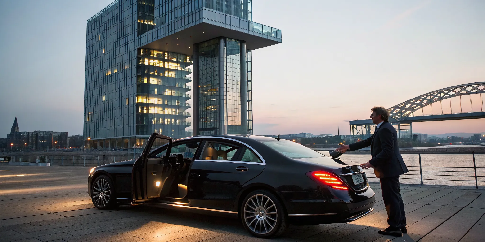 Business limo with chauffeur in Bayonne near a modern office building.