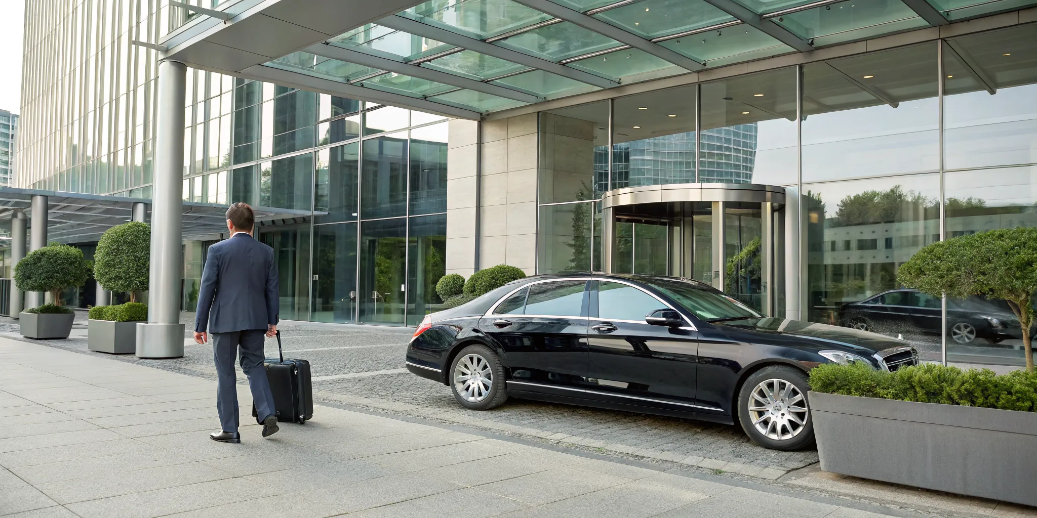 Business professional with a suitcase walking to a black limousine in King of Prussia.