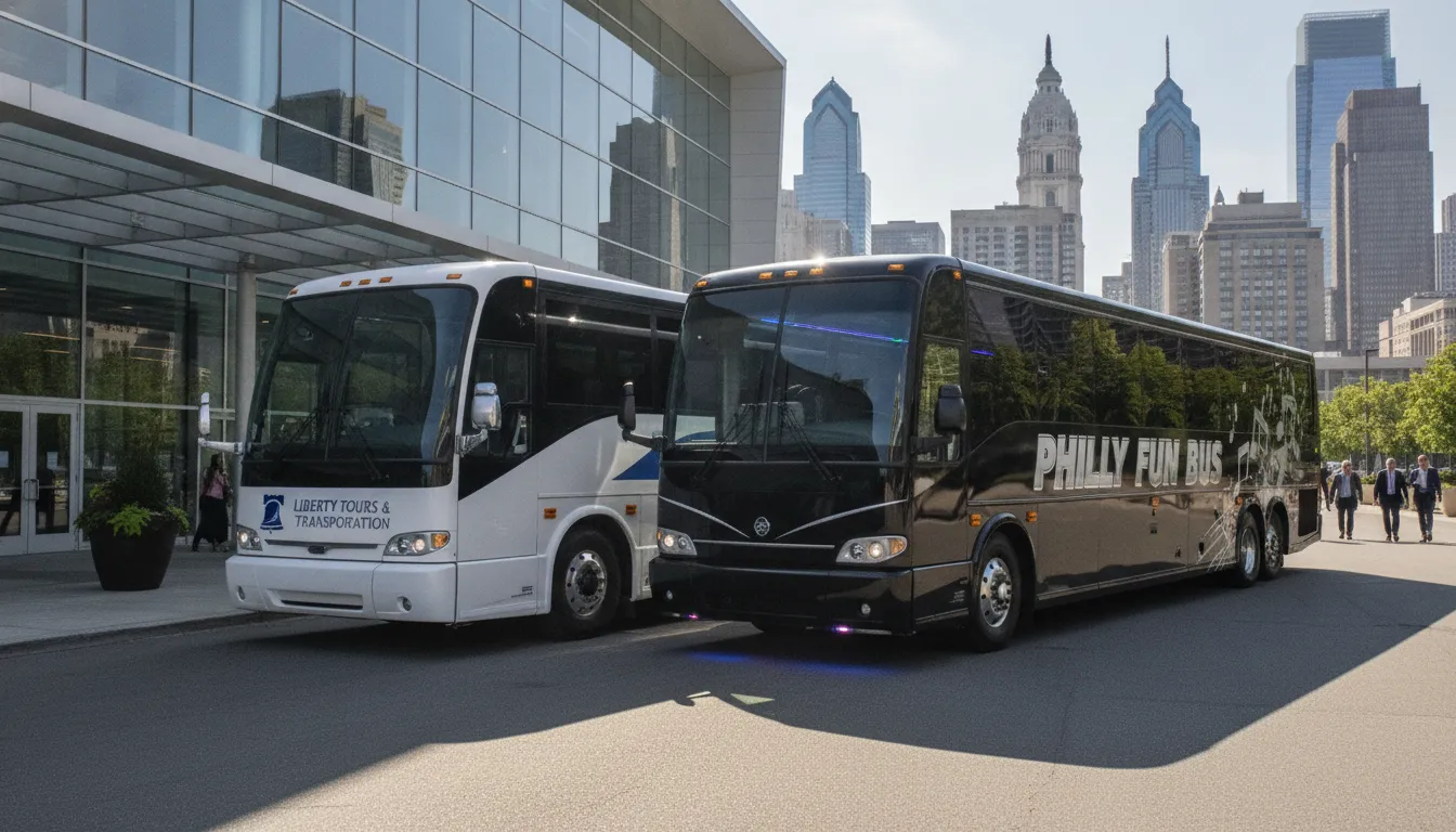 Modern charter bus and party bus parked outside Philadelphia event venue for group transportation comparison