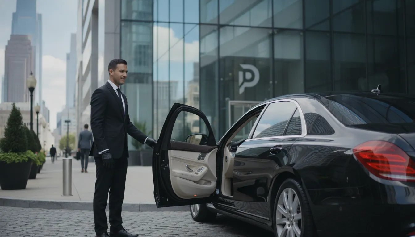 Executive chauffeur beside a black luxury sedan in Philadelphia