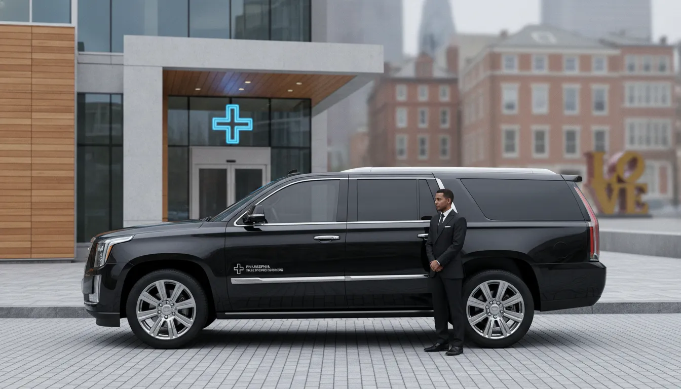 A luxury white stretch wedding limousine parked in Philadelphia
