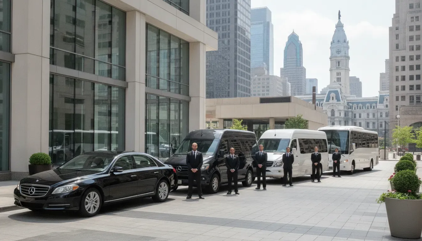 A row of luxury vehicles including sedan, SUV, Sprinter van, and mini coach parked outside for group transportation in Philadelphia