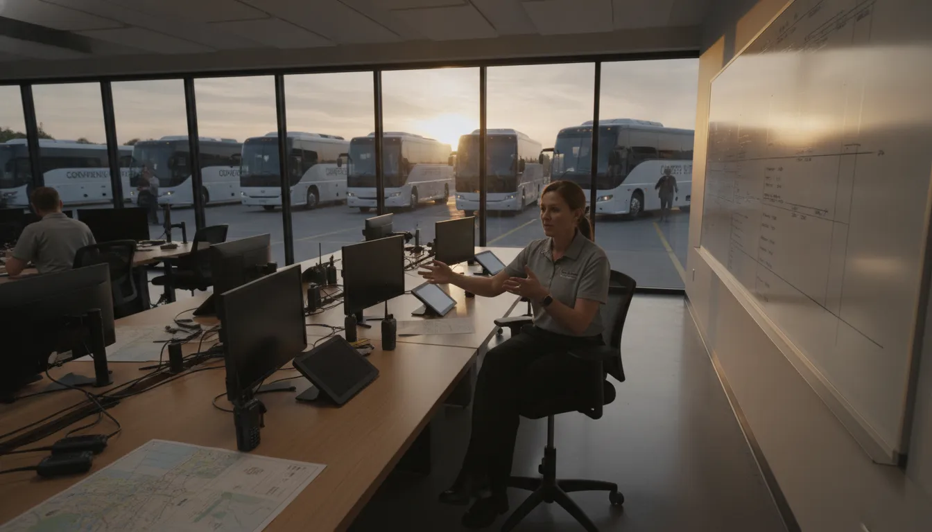Live dispatcher coordinating transportation companies and conference shuttles