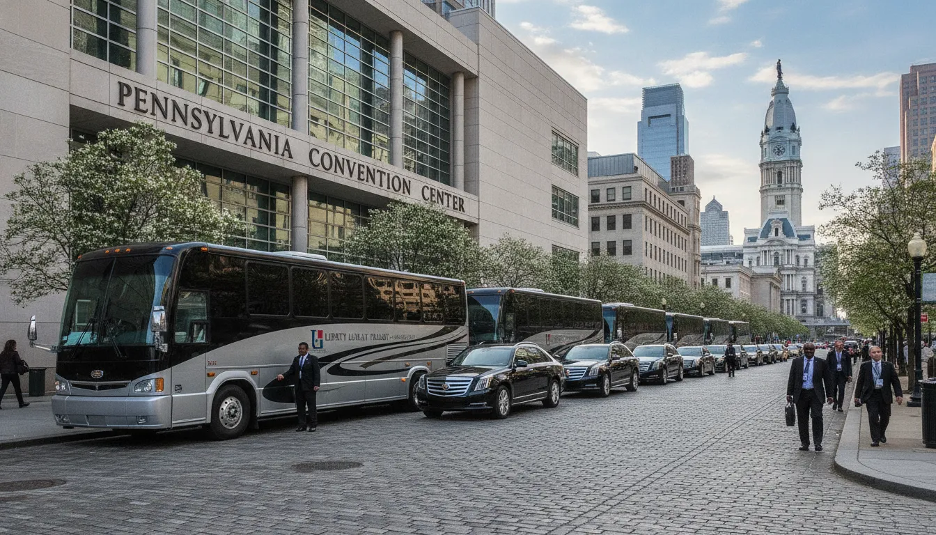 Luxury shuttle buses and executive sedans providing conference transportation in Philadelphia outside the Pennsylvania Convention Center