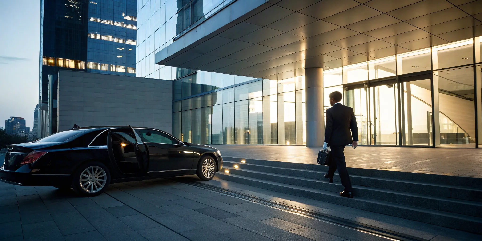 A businessman arrives at an office via a corporate black car service, a choice based on its rates.