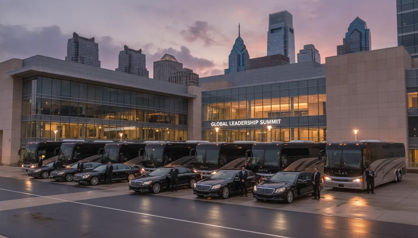 Professional black luxury vehicles and charter buses outside a Philadelphia convention center for corporate event transportation
