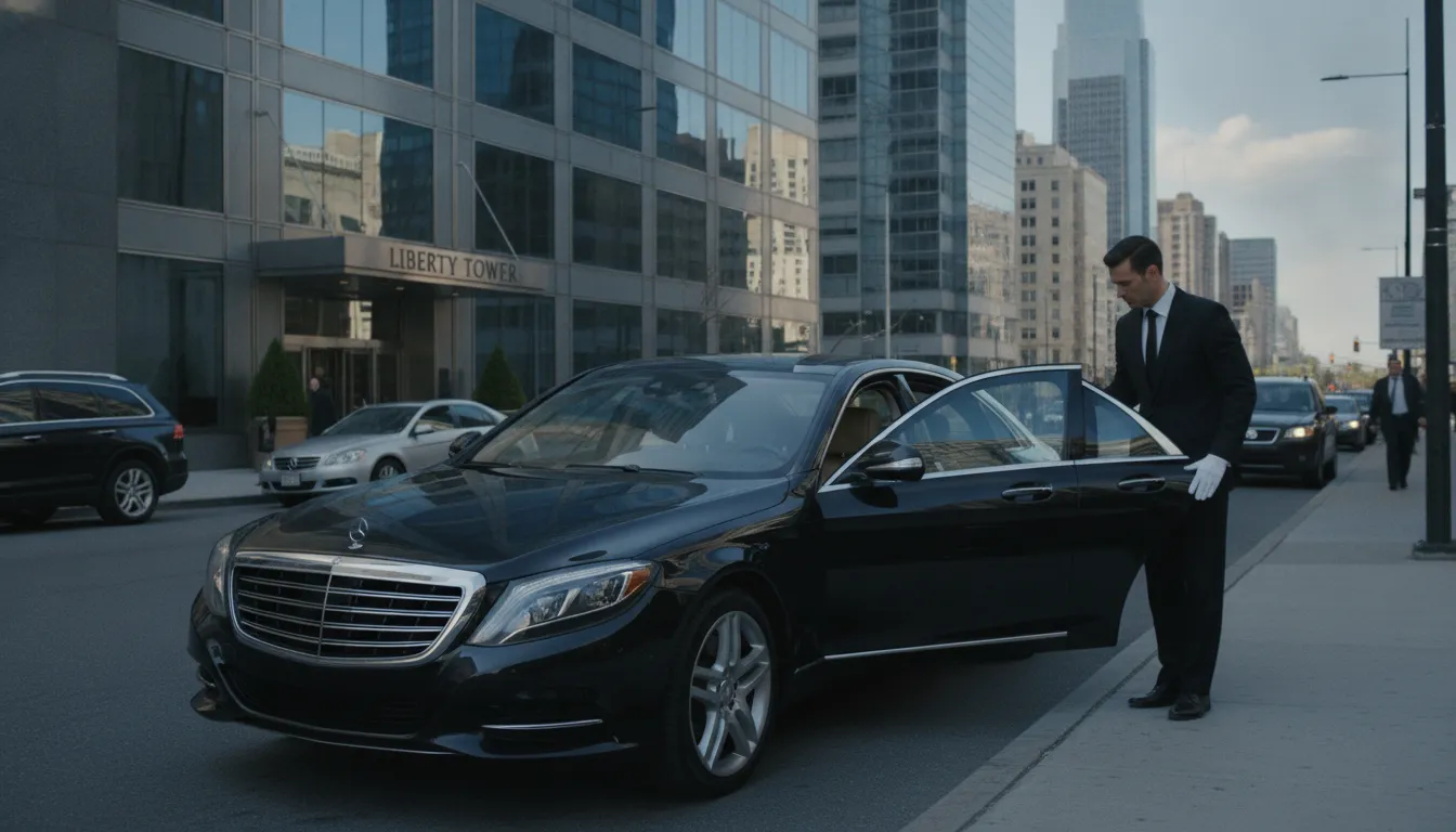 Professional black executive sedan outside a Philadelphia office building with chauffeur