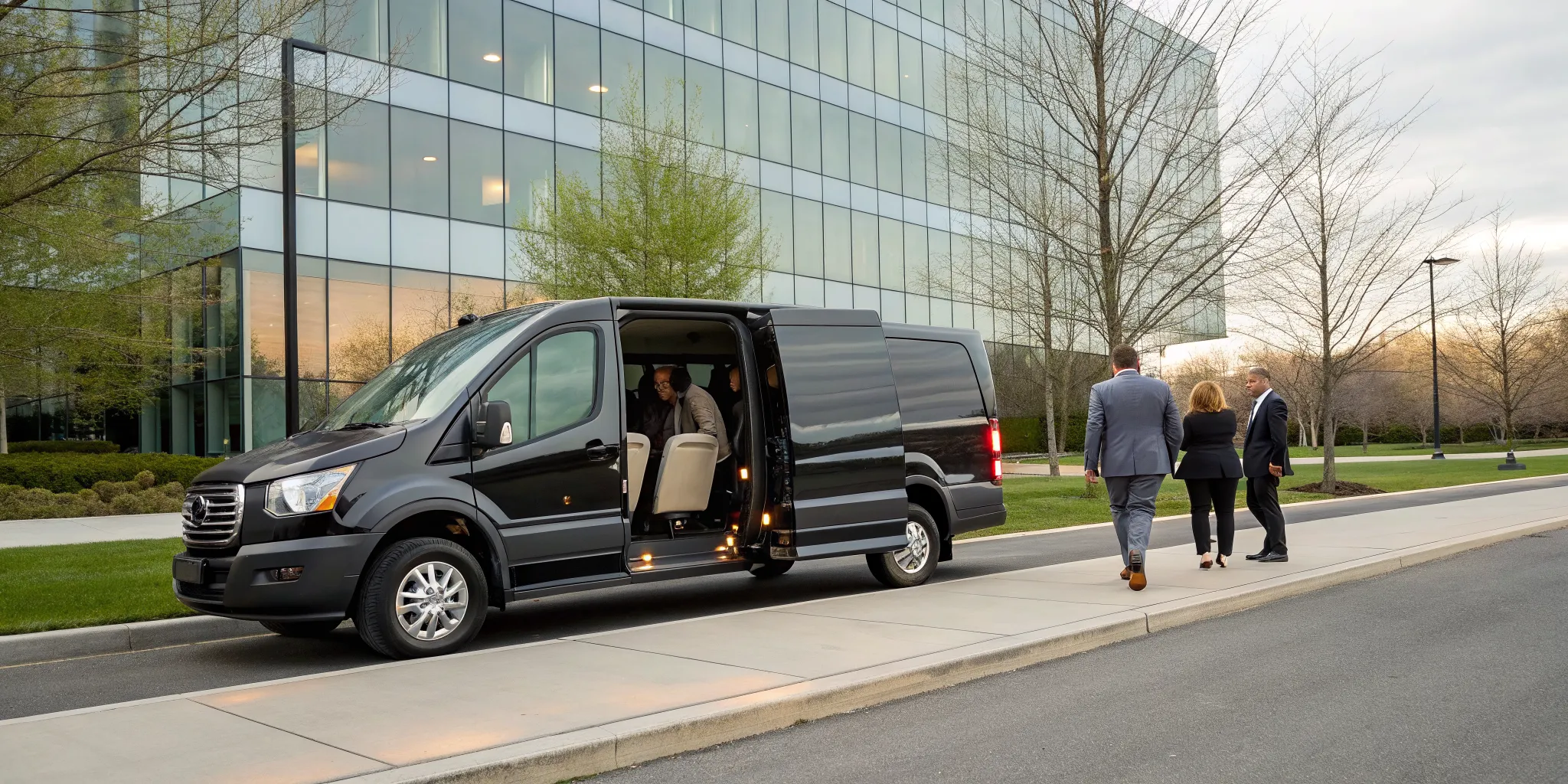 A corporate shuttle for business professionals parked at an office in Glen Mills.
