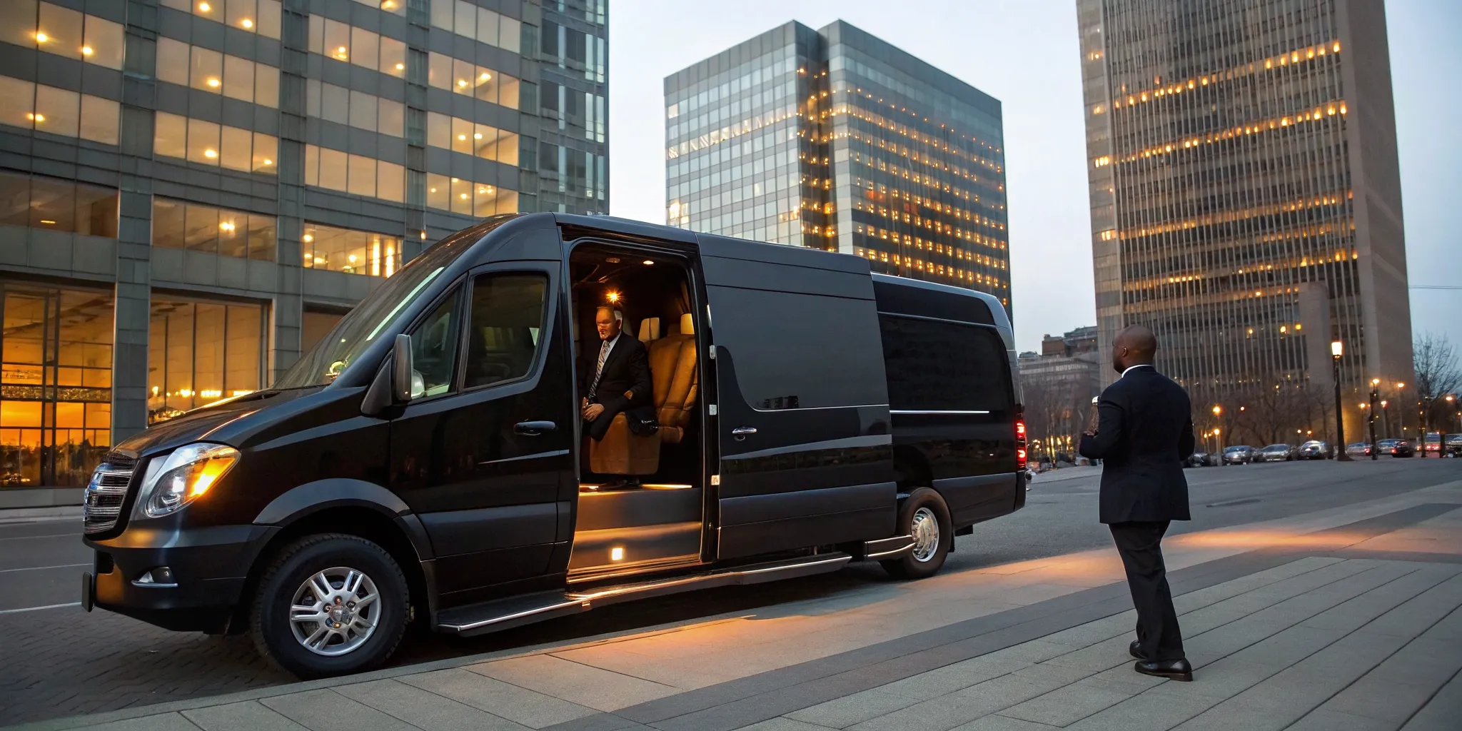 A corporate shuttle service van transports a professional in Philadelphia.