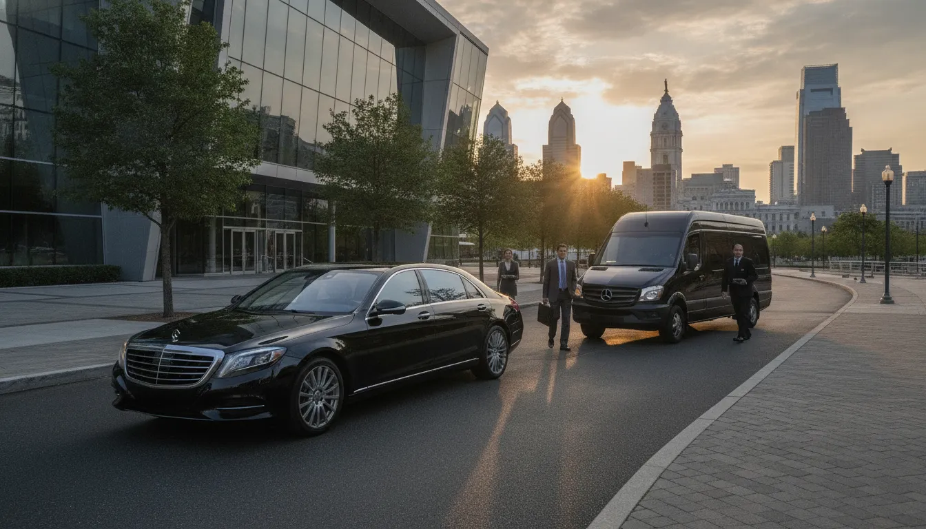Corporate vehicles arriving at a Philadelphia conference venue