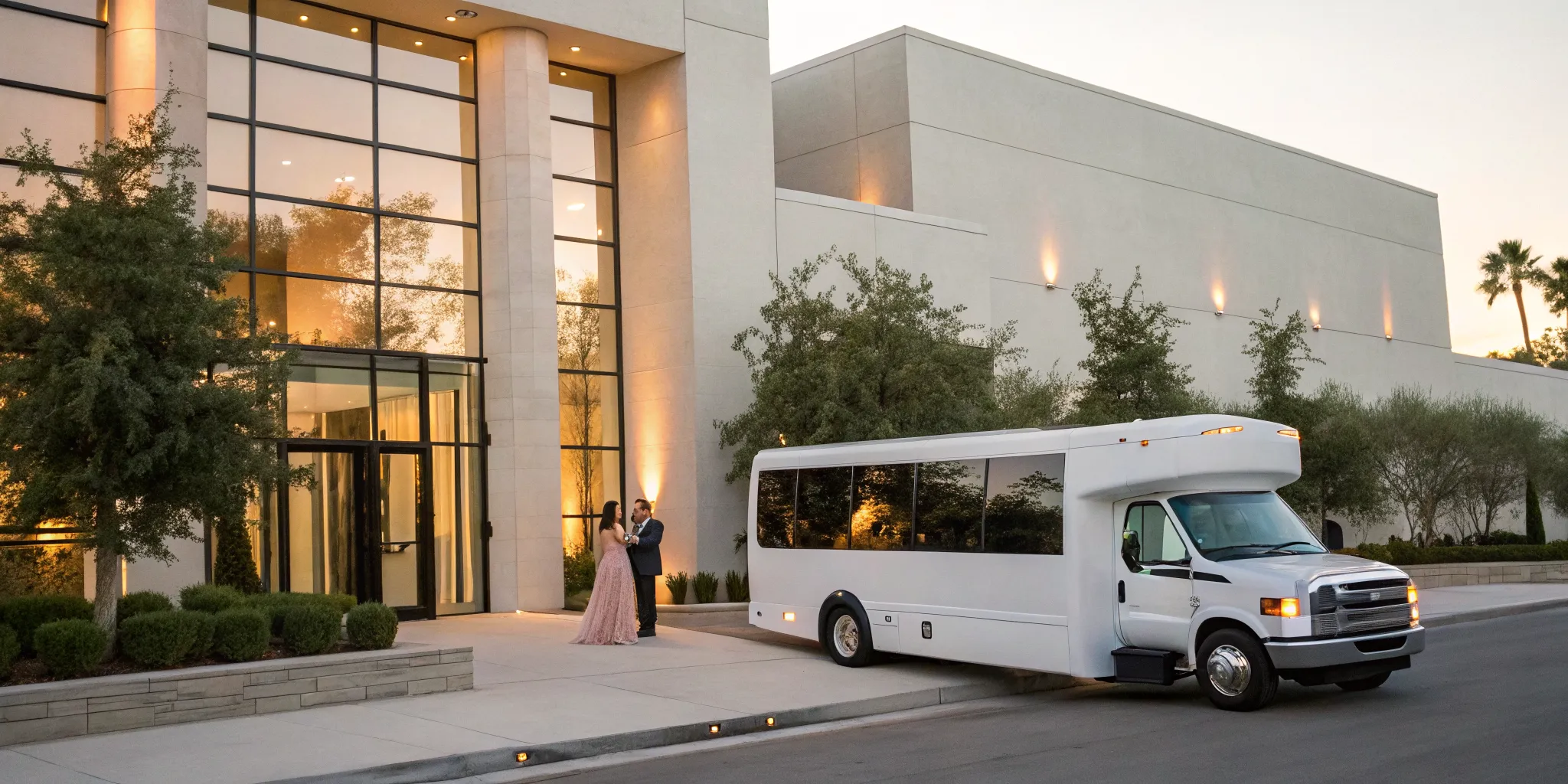 A couple stands by the shuttle bus provided for their wedding guests.