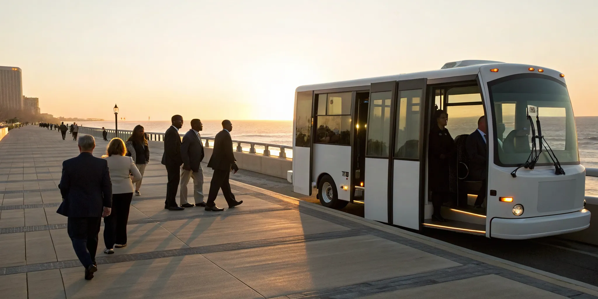An Atlantic City employee shuttle bus picking up workers on the boardwalk.