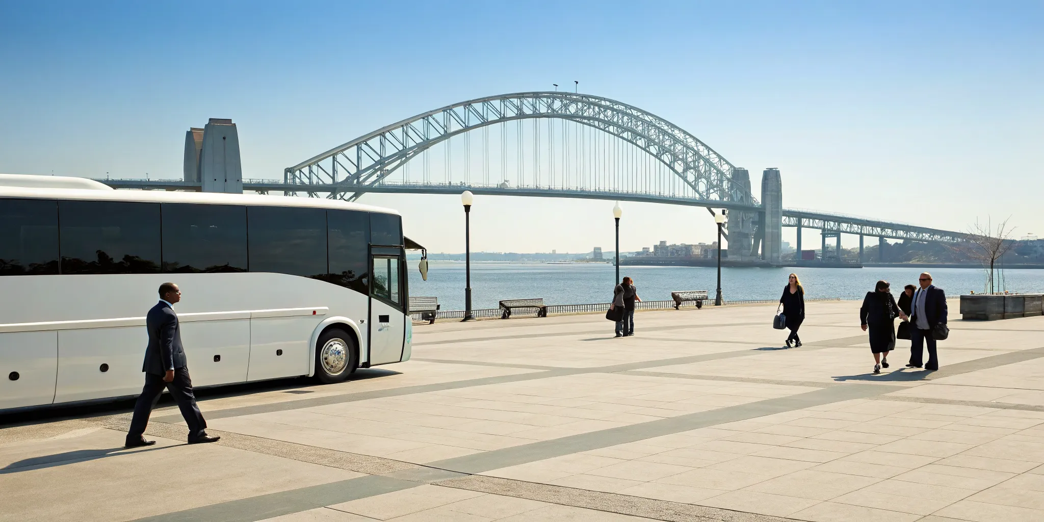 A Bayonne employee shuttle bus parked by the waterfront with a bridge in the background.