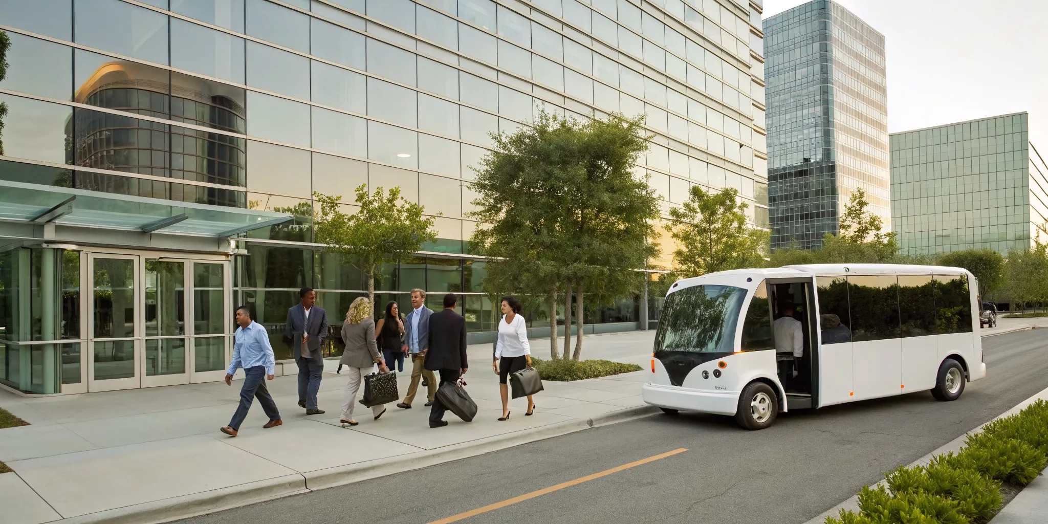 Employees exiting an employee shuttle bus at their KOP office building.