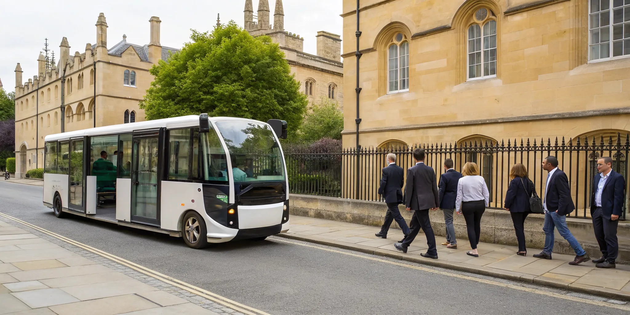 Professionals boarding an employee shuttle bus in Oxford.