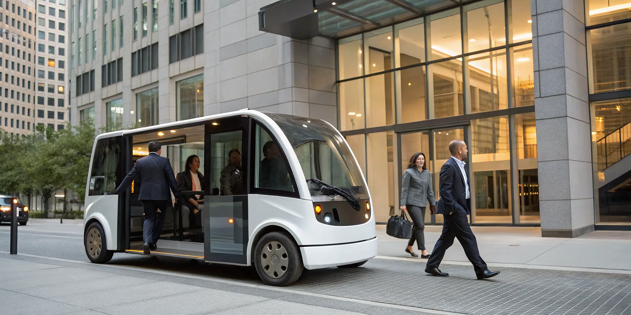 An employee shuttle picks up professionals outside a modern office in Philly.