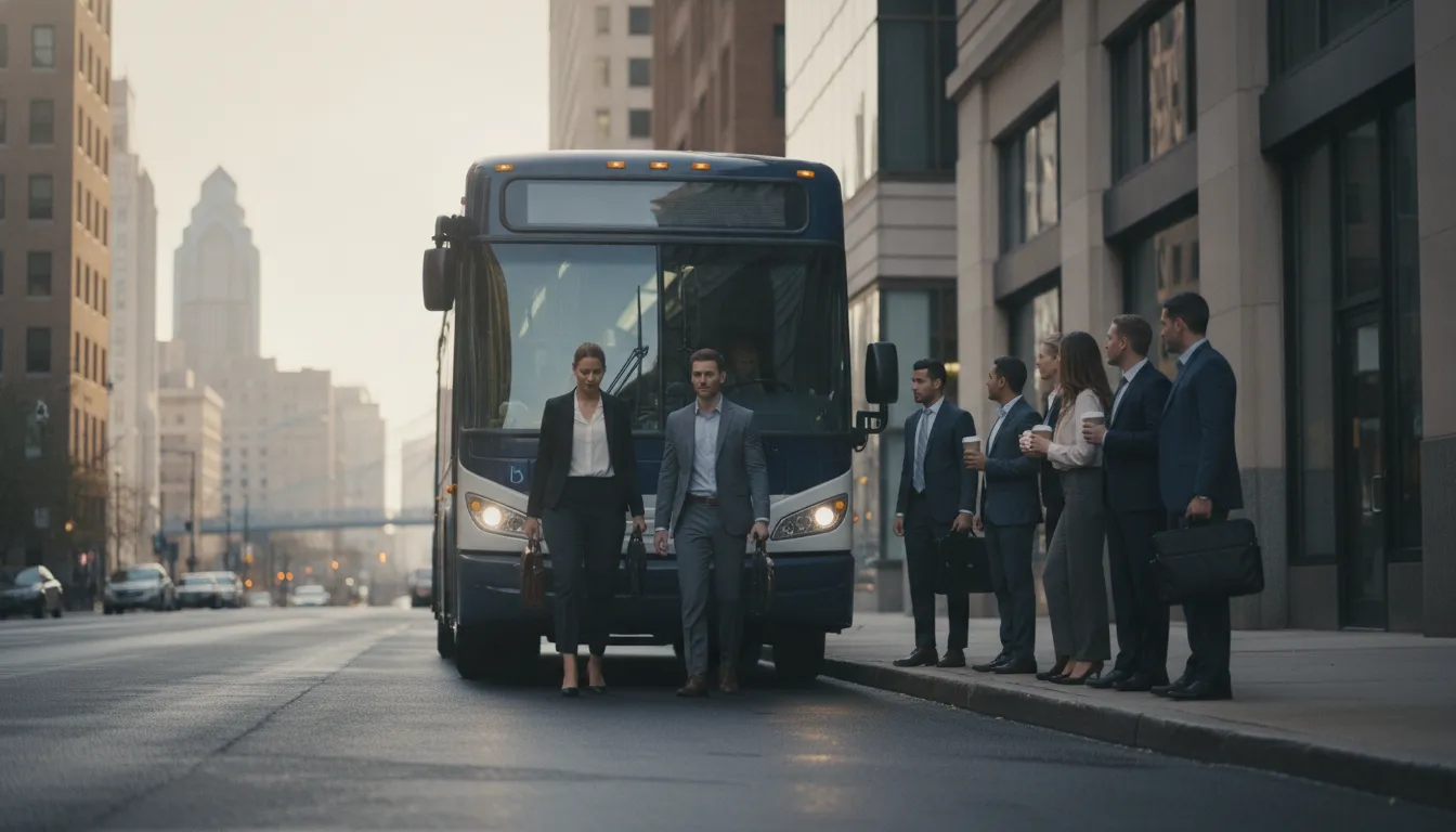 Corporate employees boarding a professional shuttle bus outside a Philadelphia office building for their daily commute